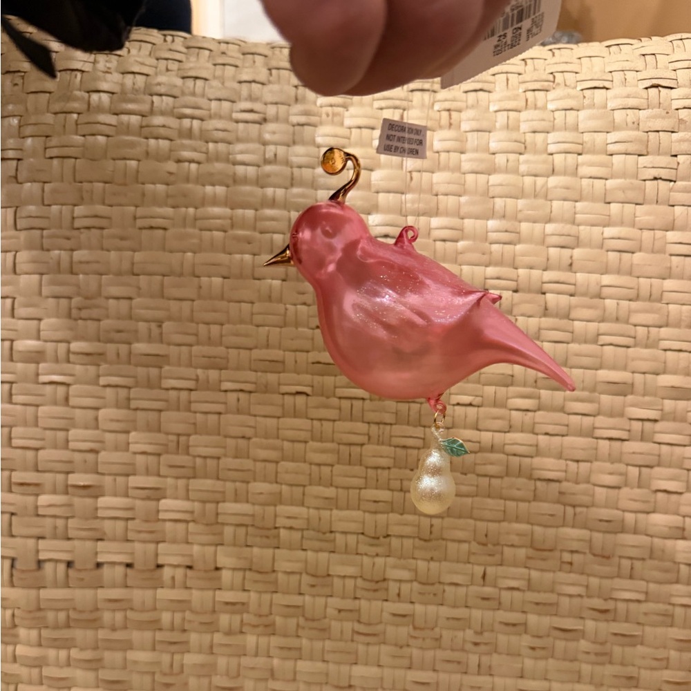 Pink Bird Blown Glass glitter Feather Hanging Ornament 6”